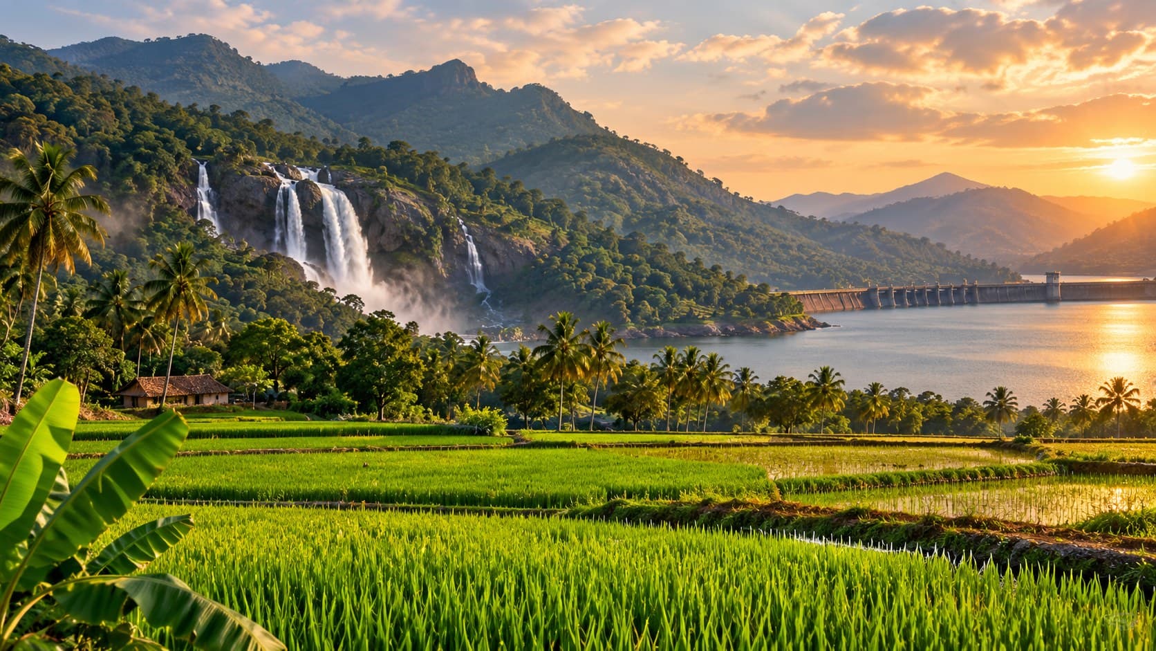 Green agricultural fields, Western Ghats waterfall and dam representing the Tenkasi Courtallam region